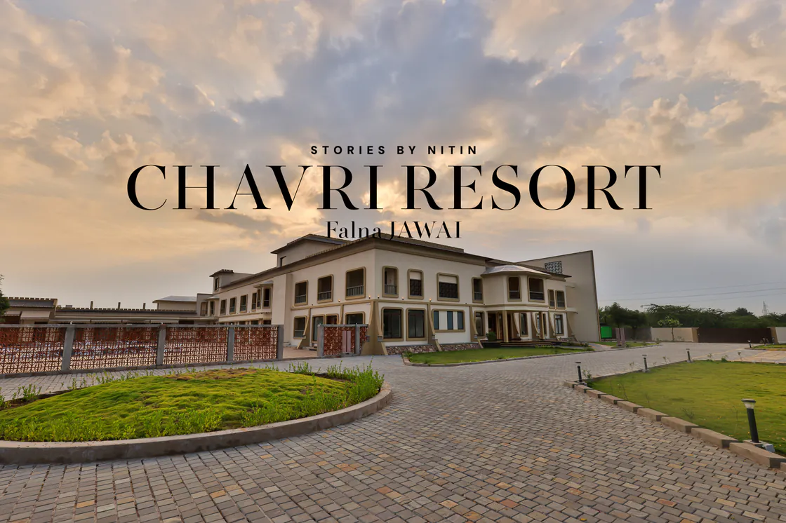 Chawri resort entrance at sunset